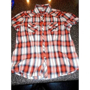 Women's Harley Davidson Orange Black Short Sleeved Small Medium Snaps